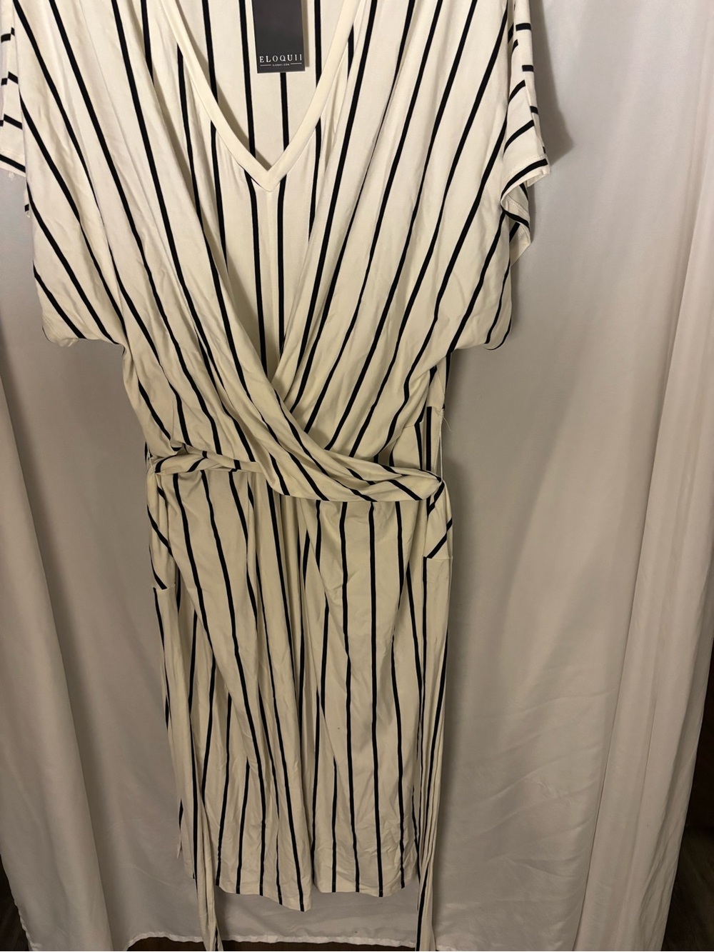 Eloquii Cream Dress with Black Vertical Stripes and Wrap Tie